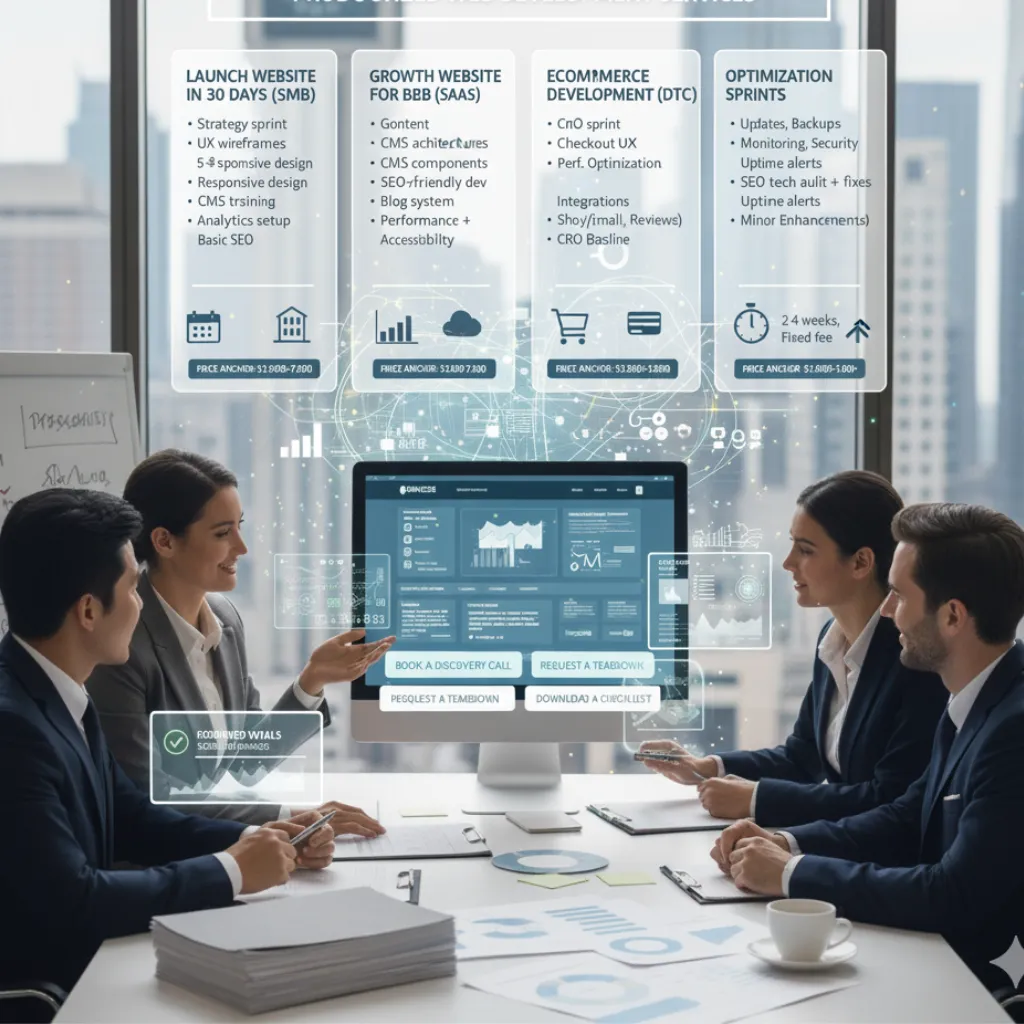 Productized services reduce friction and scope creep.
Launch Website in 30 Days (SMBs)
Strategy sprint, UX wireframes, 5–8 pages, responsive web design, CMS training, analytics setup, basic SEO
Typical stack: WordPress/Elementor or Webflow
Price anchor: 3,000–3,000–7,500
Growth Website for B2B (SaaS)
Content architecture, CMS components, SEO-friendly web development, demo/CTA tracking, blog system, performance + accessibility
Stack: Next.js/Headless CMS or WordPress with blocks
Price anchor: 12,000–12,000–35,000
Ecommerce Website Development (DTC)
Product templates, checkout UX, performance optimization, integrations (email, reviews, subscriptions), CRO baseline
Stack: Shopify/Shopify Plus or Headless
Price anchor: 8,000–8,000–60,000+
Optimization Sprints
CRO sprint, Page speed sprint, SEO tech audit + fixes
2–4 weeks, fixed fee
Price anchor: 1,500–1,500–8,000
Website Maintenance and Support (recurring)
Updates, backups, monitoring, security fixes, uptime alerts, and minor enhancements